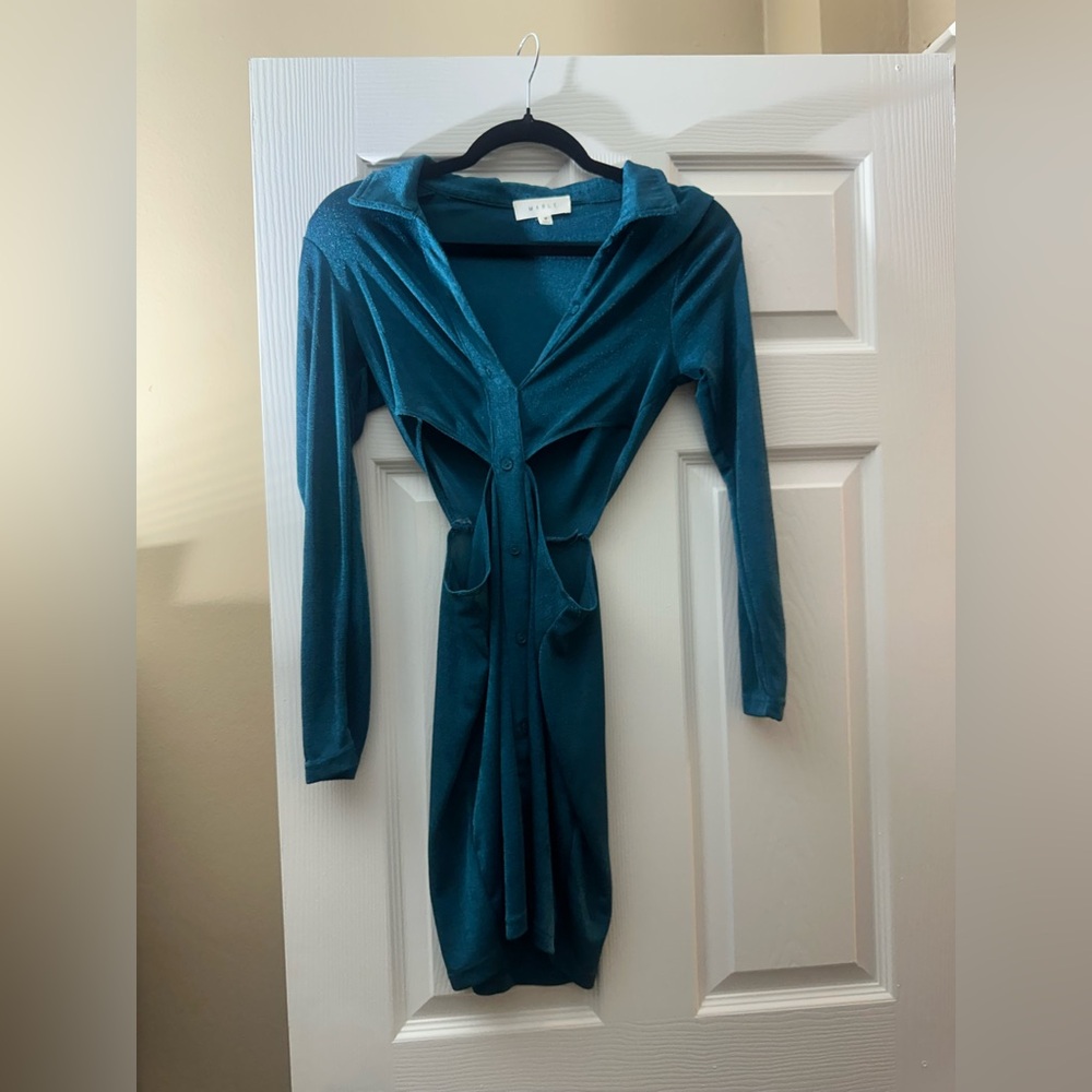 MARBLE Teal Long-Sleeve Button-Up Tie-Waist Dress